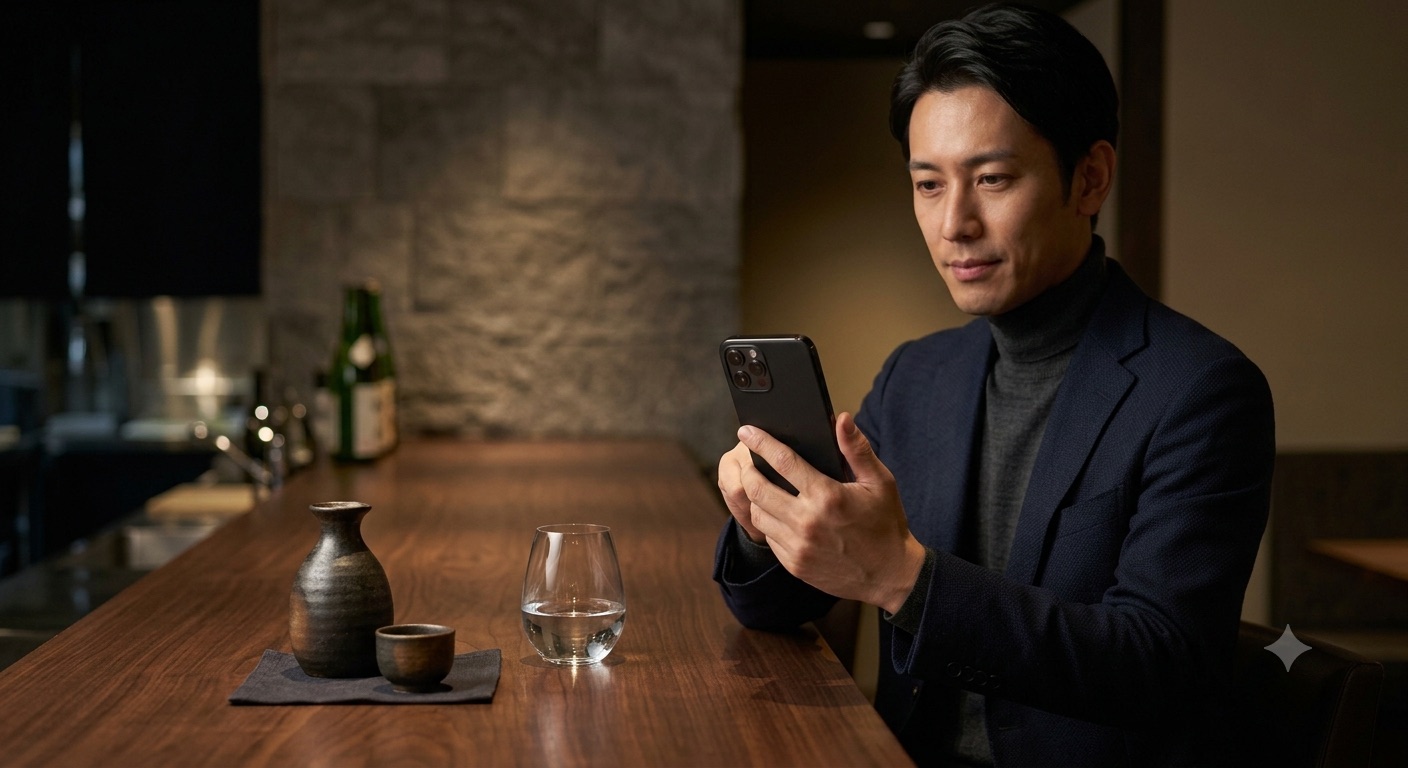 落ち着いたバーカウンターで、酒器を前にスマートフォンを手にする男性