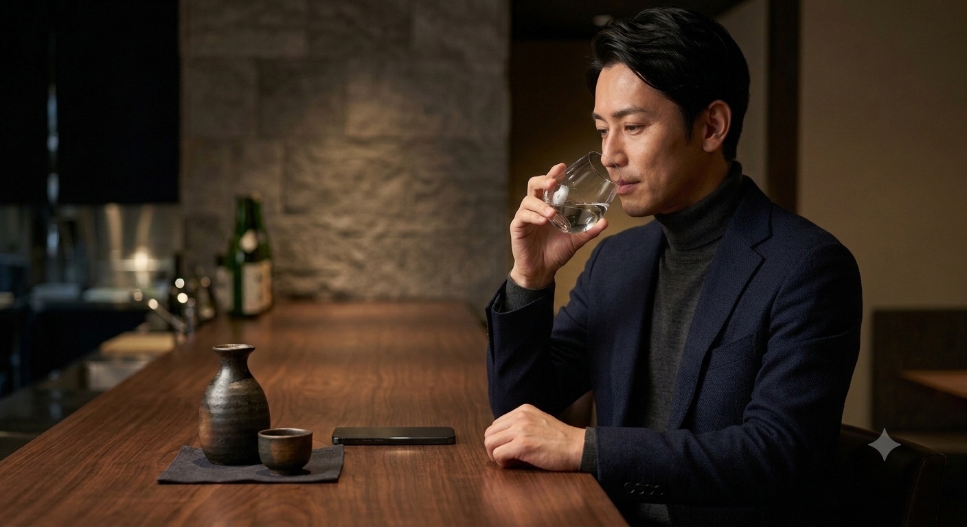 落ち着いたバーカウンターで、酒を静かに味わう男性